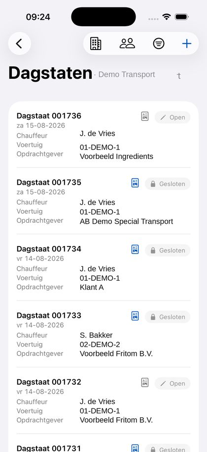 Overzicht van dagstaten in de RegiTrans-app